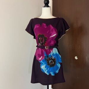 90s Floral Belted Large Floral Print Mini Dress